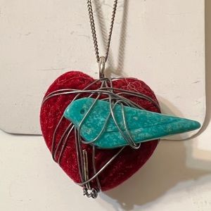 Michelle Hartney RETIRED Red Velvet Heart Turq Bird 935 Sterling Necklace